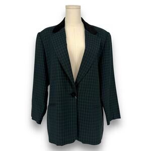 1990s Vintage Leslie Fay Green Navy Tartan Oversized Blazer Velvet Collar Sz 16